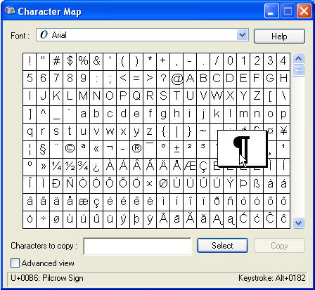 Microsoft Word Symbols Chart