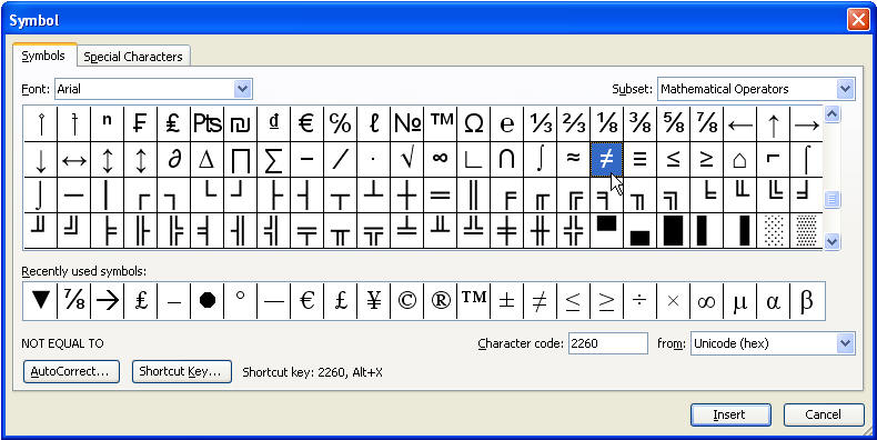 microsoft word symbol list